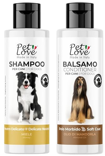 Pet Love Shampoo per Cani e Balsamo Delicato per Lavaggi Frequenti - Azione Detergente e Igienizzante per un Pelo Morbido e Luminoso, Adatto a Pelli Sensibili - Set 2 x 250 ml