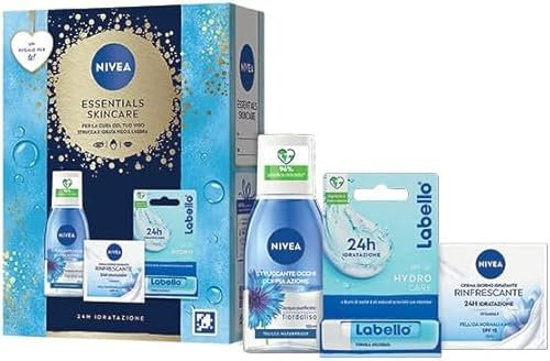 NIVEA Essentials Skincare Kit cofanetto regalo donna, Set regalo donna con Crema Viso Idratante Rinfrescante 50 ml, Struccante Occhi Doppia Azione 125 ml e Burrocacao Labbra Labello Hydro Care 4.8 g