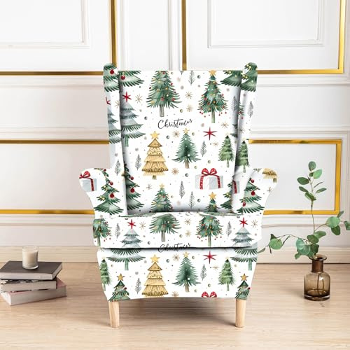 Hixingo 2-Teilig Ohrensessel Überzug, 3D-Muster Sesselbezüge Stretch Ohrensessel Bezug Abnehmbar und Waschbar für Wohnzimmer Schlafzimmer Hotel Sesselschoner (One Size,Weiß Weihnachten 1)