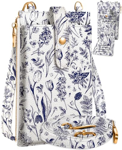 Miss Adola Phone Bag Crossbody for Women - Leather Mobile Phone Bags Blue Flowers Ladies Phone Purse Bag with Shoulder Strap Cute Designer Aesthetic Cellphone Wallet