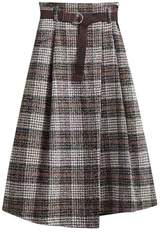 Jupe asymétrique taille haute élastique vintage à carreaux pour l'automne et l'hiver Jupe midi plissée évasée avec ceinture, kaki, 44
