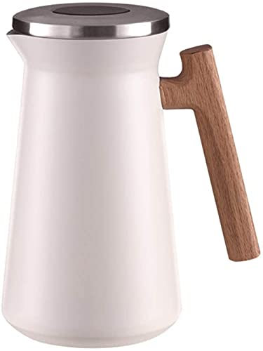 ZHZXBDGQ Vacuum Jug, 1 Litre Stainless Steel Double-Wall Vacuum Insulated Pot Flask, 12-24 Hrs Heat Retention Thermal Jug with Wooden Handle,Thermos Water Jug for Coffee Tea Beverage-White