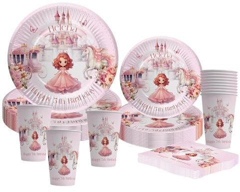 Bang Tidy Clothing Personalized Fairytale Princess Party Tableware Set, Whimsical Pink Castle Unicorns Plates Cups Napkins, Daughter Birthday Decor Supplies pack of 12