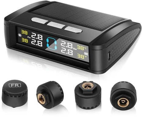 Avutrel Reifendruckkontrollsystem Tpms RDKS (0-6bar) mit 4 Externen Reifendrucksensoren 5 Alarmmodi(druck und temperatur), Solarbetrieben USB Stromversorgung für Auto SUV Wohnwagen Wohnmobilen