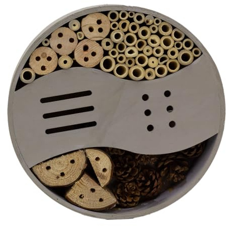 Carousel Home Round Grey Wooden Insect Hotel | Bee & Bug House for Garden Insects | Natural Habitat for Bees, Butterflies & Ladybirds - 25cm ~ Colour Varies