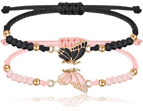 Nayyana 2 Piezas de Pulseras BFF, Pulseras de Mariposa a Juego, Pulseras de Amistad con Encanto Hechas a Mano, Pulsera Ajustable para Mejores Amigos, Regalos de Joyería, Negro+Rosa