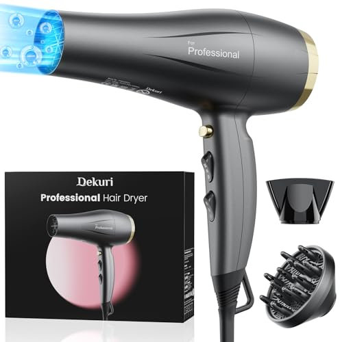 Hair Dryer Ionic, Hair Dryer with Diffuser for Women, Professional Salon Ionic Hairdryer with Nozzle, 3 Heat Setting & 2 Speed, Cool Shot Button, Fast Drying Hair Dryers for Curly Hair (Gray)