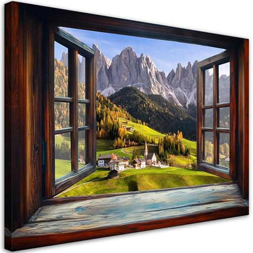 Feeby Leinwandbild - Bilder Wohnzimmer - Fensterblick Berge Landschaft - 90x60 1tlg - Deko Schlafzimmer - Wanddekoration - Aesthetic - Groß Moderne Bild - Foto auf Leinwand