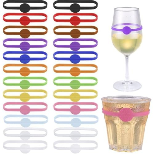 NINFEIQI 24Pcs Stretchable Drink Markers, Wine Charms for Glasses, Colour Silicone Glass Markers for Glasses Cup, Beer Bottle, Mug, Jar, Cocktail Glass