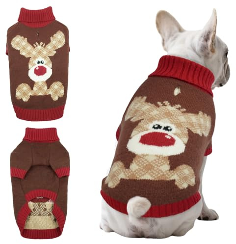 Hjumarayan Hundepullover Weihnachten, Pullover Rentier mit Geschirr Öffnung Warme Rollkragen Hundepulli für Mops, Kleine Französische Bulldogge, Zwergschnauzer, Braun L