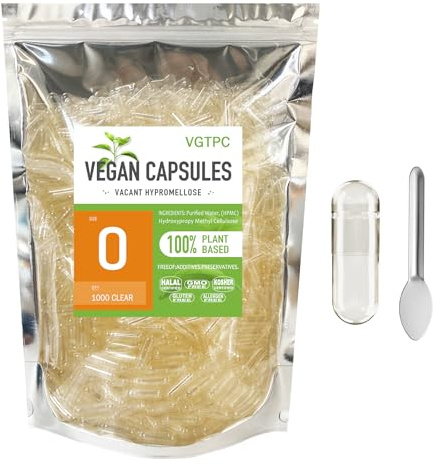 VGTPC Empty Capsules Size 0 Vegan - 1000 Count Clear Empty Plant-Based Capsules -Kosher Certified, Halal Certified, for DIY Supplement Filling