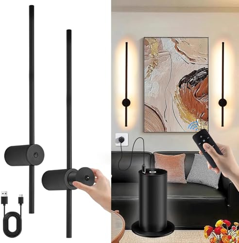 Battery Operated Wall Lights Wireless, USB Rechargeable Wall Light with Remote Control, 60CM Black, Dimmable LED Wall Lamps with Switch 360° Rotation Modern Wall Sconce for Living Room Bedroom, 2 Pack
