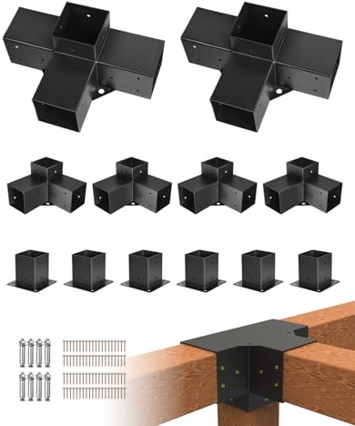 VEVOR Kit Support de Pergola, Lot de 12, Support de Poteau Bois 92x92 mm, Supports d'angle à 3 Voies, à 4 Voies, 6 Bases de Poteaux, pour Poutres Bois Standard à Toit Plat, Banquet Fête en Plein Air