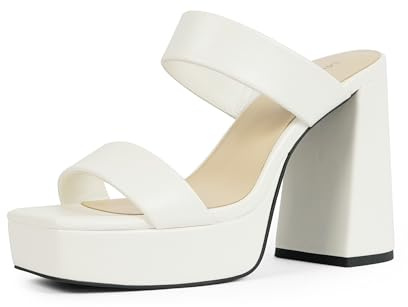Platform Heels for Women Square Toe Chunky Heel Two Strap Sandals,White,8.5