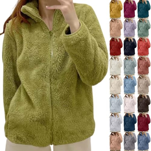 Generisch Chaqueta de peluche para mujer, chaqueta de forro polar, chaqueta de invierno, cálida, gruesa, para el tiempo libre, suéter con cuello, cremallera, color liso, forro polar de peluche