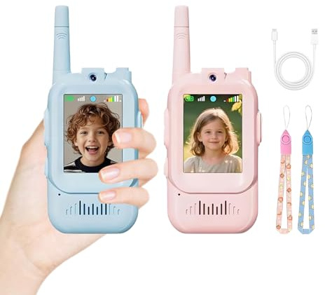 2PCS 2026 Walkie Talkie Niños Recargable, 12,3x5,4cm Walkie Talkie Largo Alcance Niños con Vídeo, ABS, con Cámara HD, WiFi Integrado, Cambiador De Voz Y Pantalla, para Navidad, Cumpleaños