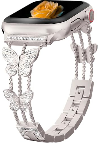 Diamond Butterfly Metal Band Compatible with Apple Watch Ultra3/2/1 SE3/2/1 Series11/10/9/8/7/6/5/4/3/2/1 Bracelet Luxe à Strass pour Femme pour 38/40/41/42/44/45/46/49mm