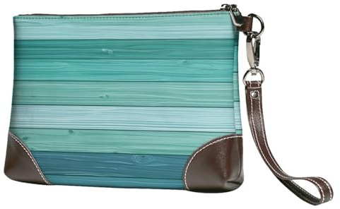 Petit sac à main pour femme – Portefeuille rétro en cuir avec dragonne pour femme – Grain de bois cyan rétro imprimé B