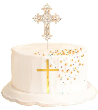 Wasise Cross Cake Topper - 2PCS Baptism Cake Topper with Rhinestone and Acrylic Designs, Glitter Cross Religious God Bless Cakes, Christening Decorations for Birthday Baby Shower Crossing Toppers