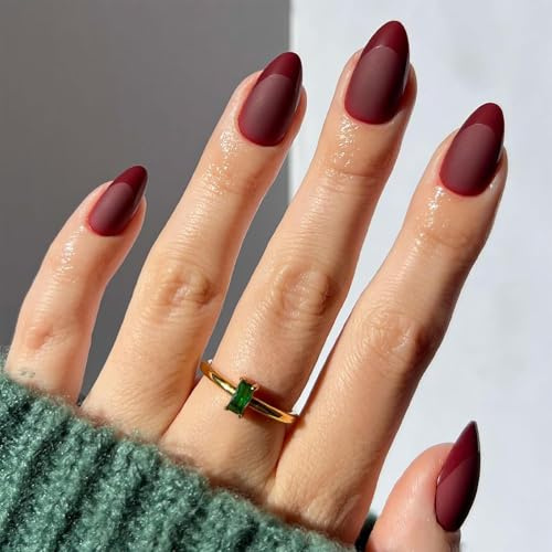 OuryTech Press On Nails Röd, 32 st falska naglar, mörkröd mandel falska naglar med fransk glänsande spets för kvinnor (typ A)