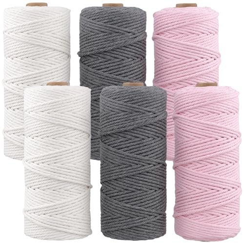 NGOSUET 6 stycken, 100 m x 3 mm, flätat makramégarn, beige + rosa + grå, bomullsgarn, bomullssnöre för gör-det-själv-vägghängning, blomkorg, drömfångare