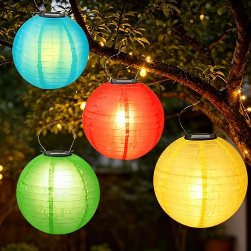 Nzkeuf 4 Stück Solar Lampions Außen Wetterfest, 20cm Lampions Solar Outdoor mit 4 Farben, Gartenlaterne Hängend LED, Solarlampions für Außen Wetterfest für Garten, Hof, Balkon Deko und Festdekoration