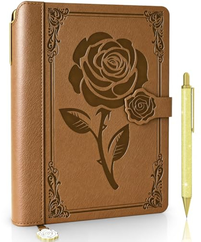 Aocii läderdagbok för kvinnor, A5 fodrad daglig journal anteckningsbok, vacker journalföring för att skriva, inbunden vintage resedagböcker, 224 sidor, penna ingår (brun)