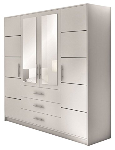 Drehtürenschrank Bado 4D, Kleiderschrank mit Spiegel, Schubladen und Spiegeltüren, Elegantes Schlafzimmer Schrank, Jugendzimmer (Weiß)