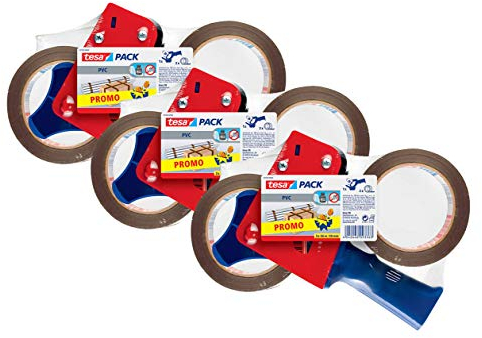 tesapack Ultra Strong und Handabroller im Set mit 2 besonders reißfesten PVC-Klebebändern - Braun - 66 m x 50 mm (3x Nur Abroller)