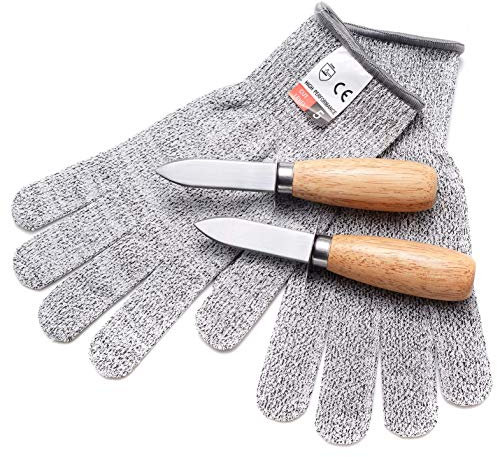 Austernmesser-Set, Holzgriff, Austernmesser, schnittfeste Handschuhe, Muschelschalen, Meeresfrüchte-Öffner L