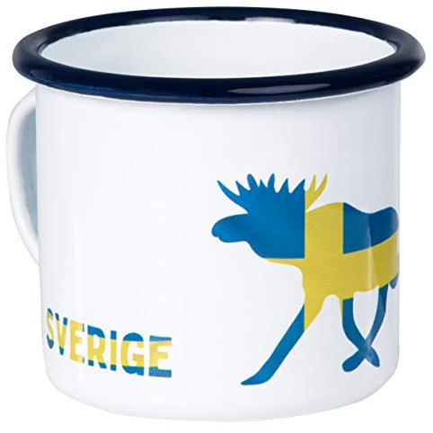 MUGSY Emaille Tasse, Schweden Sverige mit Elch & Schweden Flagge, 300ml, Camping & Outdoor, weiß