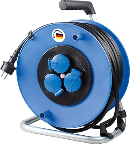 as - Schwabe Kabeltrommel 25 m H07RN-F 3G2,5 Leitung - 230V / 16A - IP44 | Für Außenbereich Baustelle Camping - mit 3 blauen Schutzkontaktsteckdosen inkl. Klappdeckel - Made in Germany - Blau, 10231