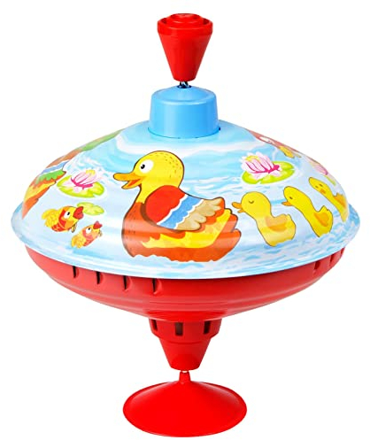 Lena 52266 - Brummkreisel Kleine Enten Ø 16 cm, Metall Schwungkreisel aus Blech, klassischer Pumpkreisel, Blechkreisel mit Motiv, Kreisel mit Standfuss, für Kinder ab 18 Monate