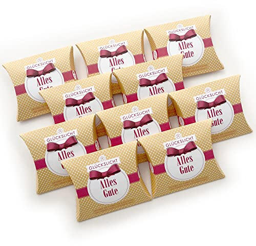 Glückslicht in der Geschenkbox mit der ausgestanzten Schleife | Dots | Alles Gute | Sonnengelbe Geschenkbox mit weißen Punkten und roter Banderole | 10er-Set