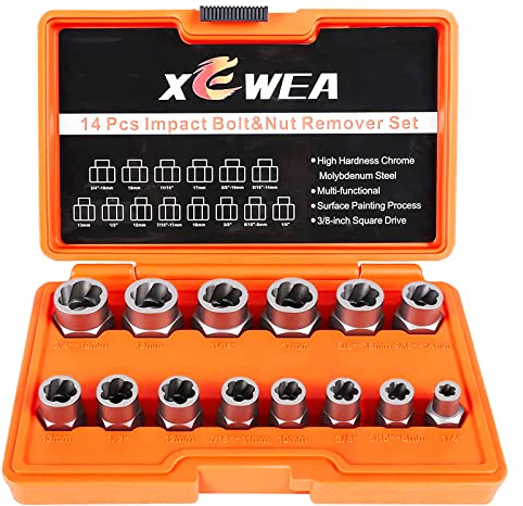 XEWEA Professional 14PCS Bolt Extractor Set, 3/8 Drive Impact Stripped Bolt Remover Socket Set for Removing Damaged Broken Rounded Off Bolt & Nut, Impact Grade Cr-Mo Steel with Case Father's Day Gift