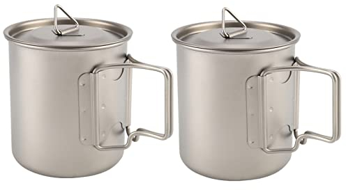 Titan-Kaffeebecher 2 Stück, Titan-Cup-Camping-Becher mit Deckel, faltbarer Griff, tragbare Kaffeetasse, Metall-Bierbecher, 14,2 oz/420 ml