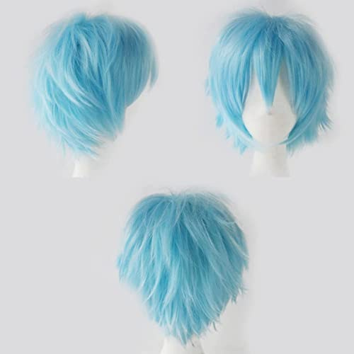 Anime Cosplay Perücke Kurze Perücken Himmelblau für Frauen / Männer Synthetische Gerade Fancy Dress Perücke Gewellt Glatt Geschichtete Flauschige Halloween Kostüm Party Perücke mit Gratis Mütze