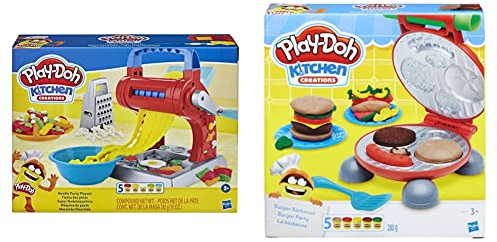 Play-Doh Kitchen Creations Noodle Party Playset for Children Aged 3 and Up with 5 Non-Toxic Colours & Burger Barbecue Set