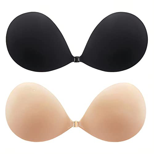 Bvanzo 2 Pack Adhesive Bra Backless and Strapless Push Up Bra (Cup A-D) - Invisible and Stick on Bra and Nipple Covers for Backless Dresses Sunscreen