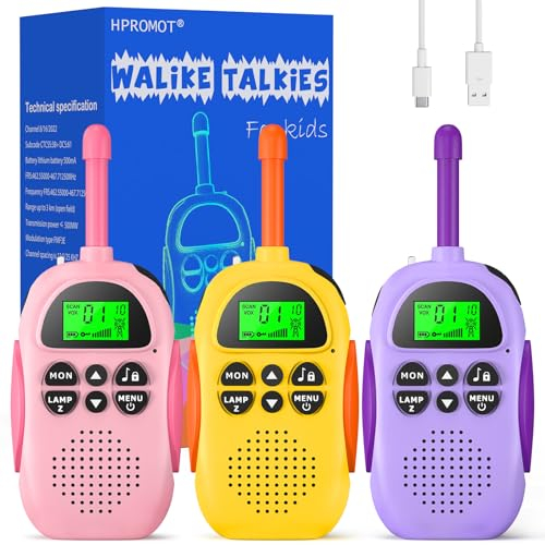 HPROMOT Walkie Talkie Kinder Aufladbar 3 Pack:16 Kanäle 2 Way Radio Long Range Walkie Talkies mit LCD Taschenlampe Spielzeug Geschenke für 3-12 Jungen Mädchen Indoor Outdoor Abenteuer Camping Wandern