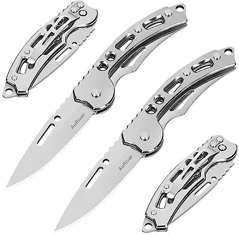 AuRiver 4 Cuchillos Navaja Plegable Pequeña, Navaja de Bolsillo, Navaja de Bolsillo con Cuchillo Plegable, Mini EDC Navaja de Dos Manos para Outdoor, Camping,Supervivencia (Plata)