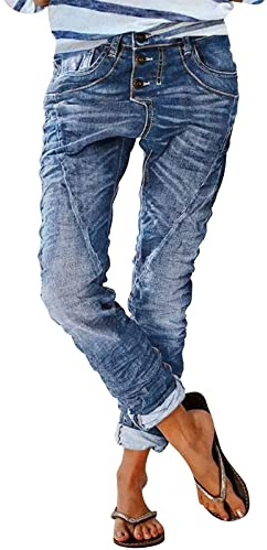 Jeans Damen Low Waist - Jeanshose Lang Straight Leg Vintage Destroyed Denim Hose Mit Gummizug - Boyfriend Freizeithose Falten Streifen Locker Für Frauen