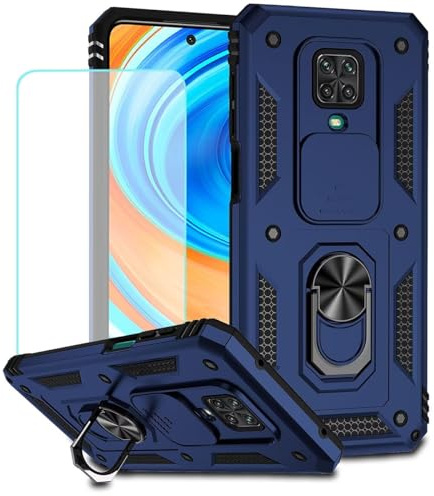 Jhxtech Funda para Redmi Note 9 Pro/Note 9 Pro Max/Redmi Note 9S con protector de pantalla de vidrio templado y cubierta de cámara deslizante, anillo magnético, soporte de coche para Xiaomi Redmi Note