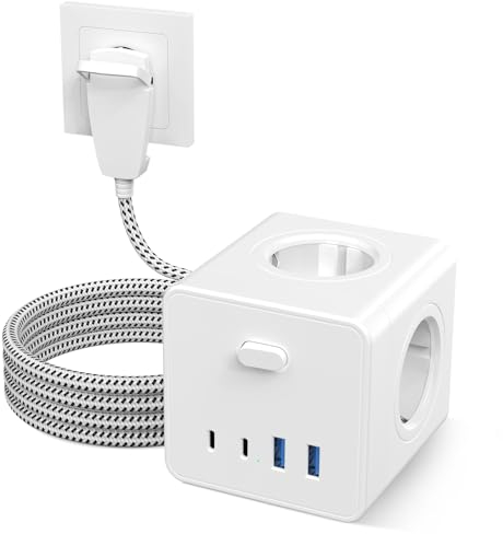 Steckdosenwürfel mit USB C, 4 Fach Steckdosenleiste Flachstecker mit Schaltbar, Mehrfachsteckdose Würfel für Büro Hause Reisen - 2.5M Kabel - Weiß