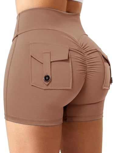 STARBILD Cargo Shorts de Sport Femme Scrunch Butt, Leggings Court Taille Haute Push Up avec Poches pour Gym Fitness Yoga, Cargo - Marron M