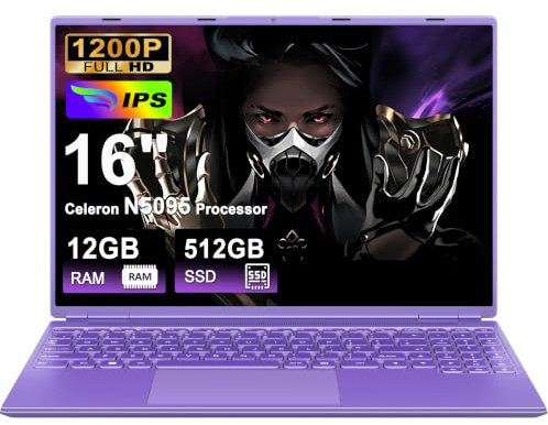 NOTODD Ordenador Portátil 16 Pulgadas Celeron N5095 Up to 2.9Ghz | Portátil Win 11 5G WiFi 12+512GB SSD Expansión 1TB, BT 4.2 Mini Puerto Multimedia Portatiles Ventilador Refrigeración-Morado