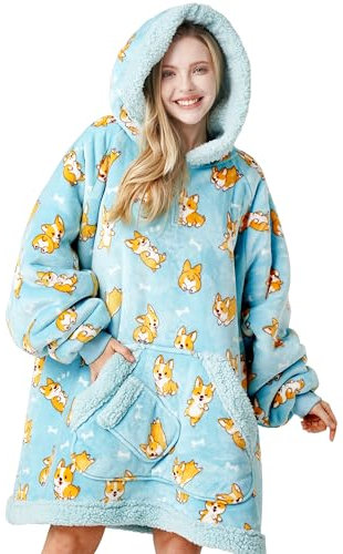Giggling Getup Felpa con Coperta Indossabile per Donne e Uomini - Felpa con Coperta Oversize in Flanella e Sherpa Fleece, con Tasca e Maniche, Coperta, Regali di Compleanno per Adulti, Corgi