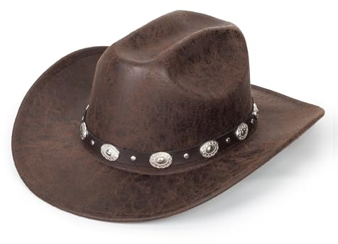 FGSS Western-Cowboy-Hüte für Damen und Herren, braunes PU-Leder, Cowgirl-Hut, breite Krempe, Fedora-Hüte, Outback, Touristen-Nachthut