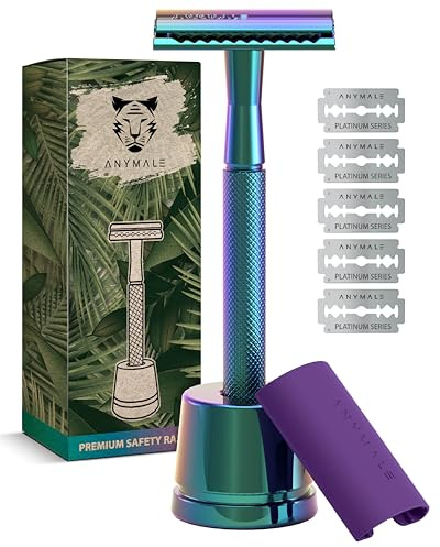 ANYMALE® Rasierhobel Damen & Herren (Rainbow Edition) inkl. 5 x Ersatzklingen-Set & Ständer - Nassrasierer & Rasierer (Zero Waste) Metall mit 5 Klingen - Herrenrasierer & Klingenrasierer, Safety Razor