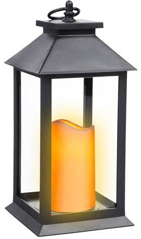 Laterne schwarz mit LED Kerze mit Flacker Effekt - 30 x 14 cm - Deko Leuchte mit künstlichem Kerzenflackern Batterie betrieben - Weihnachten Advent Winter Tischlaterne Dekolampe Stimmungslicht